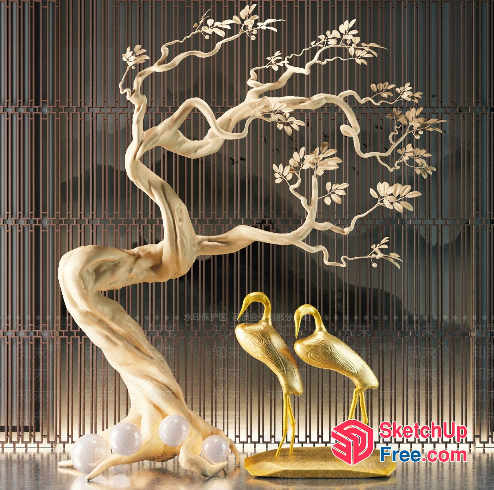 Ornate Golden Cranes And Tree Decor 3D SketchUp File