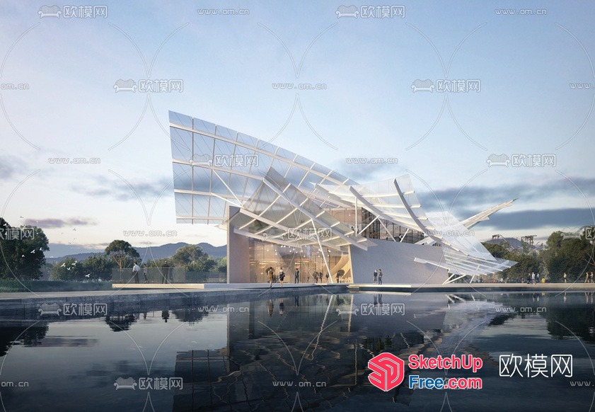 Futuristic Glass And White Building Exterior 3D SketchUp File