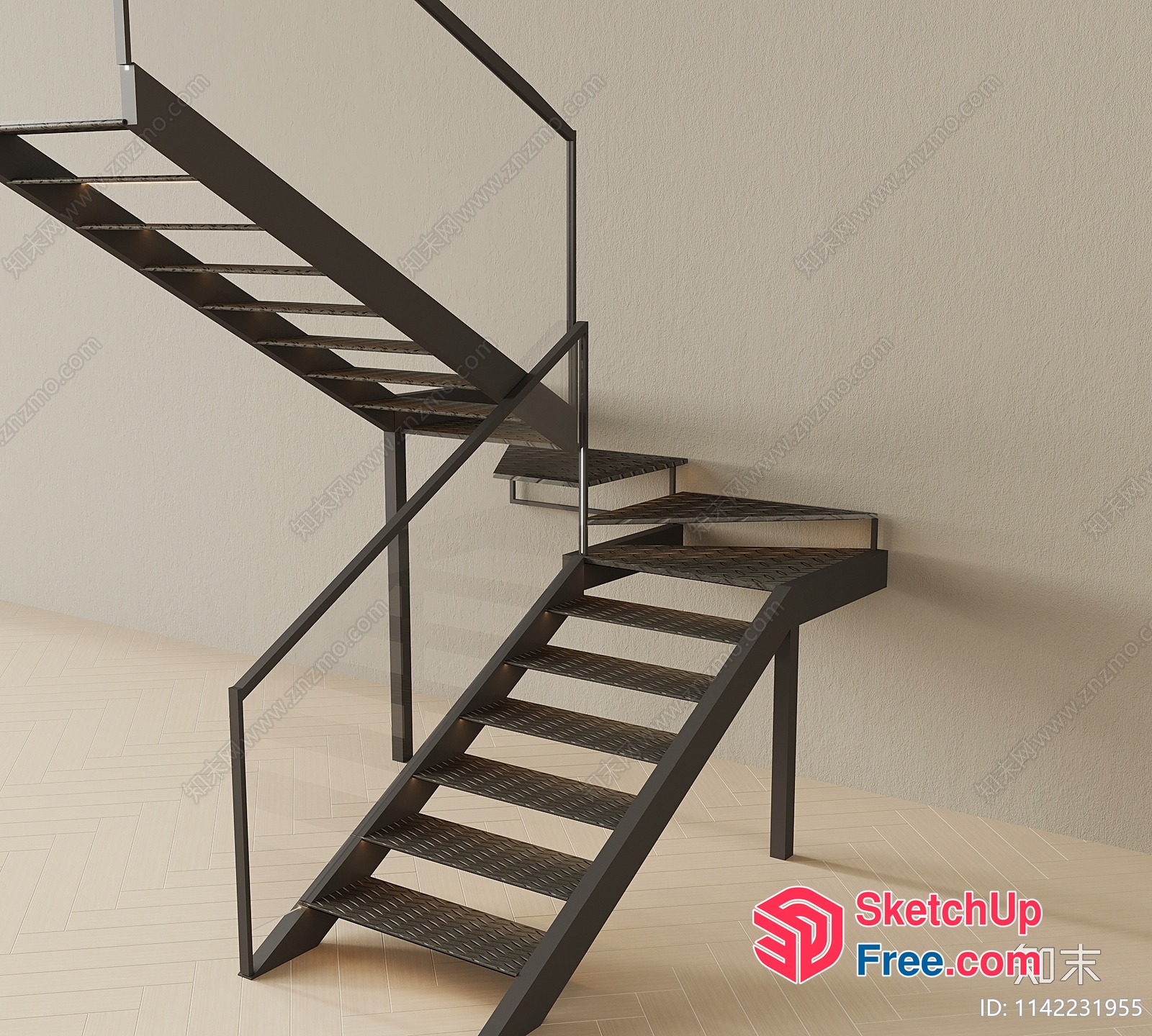 Staircase With Metal Frame And Wooden Steps 3D SketchUp File