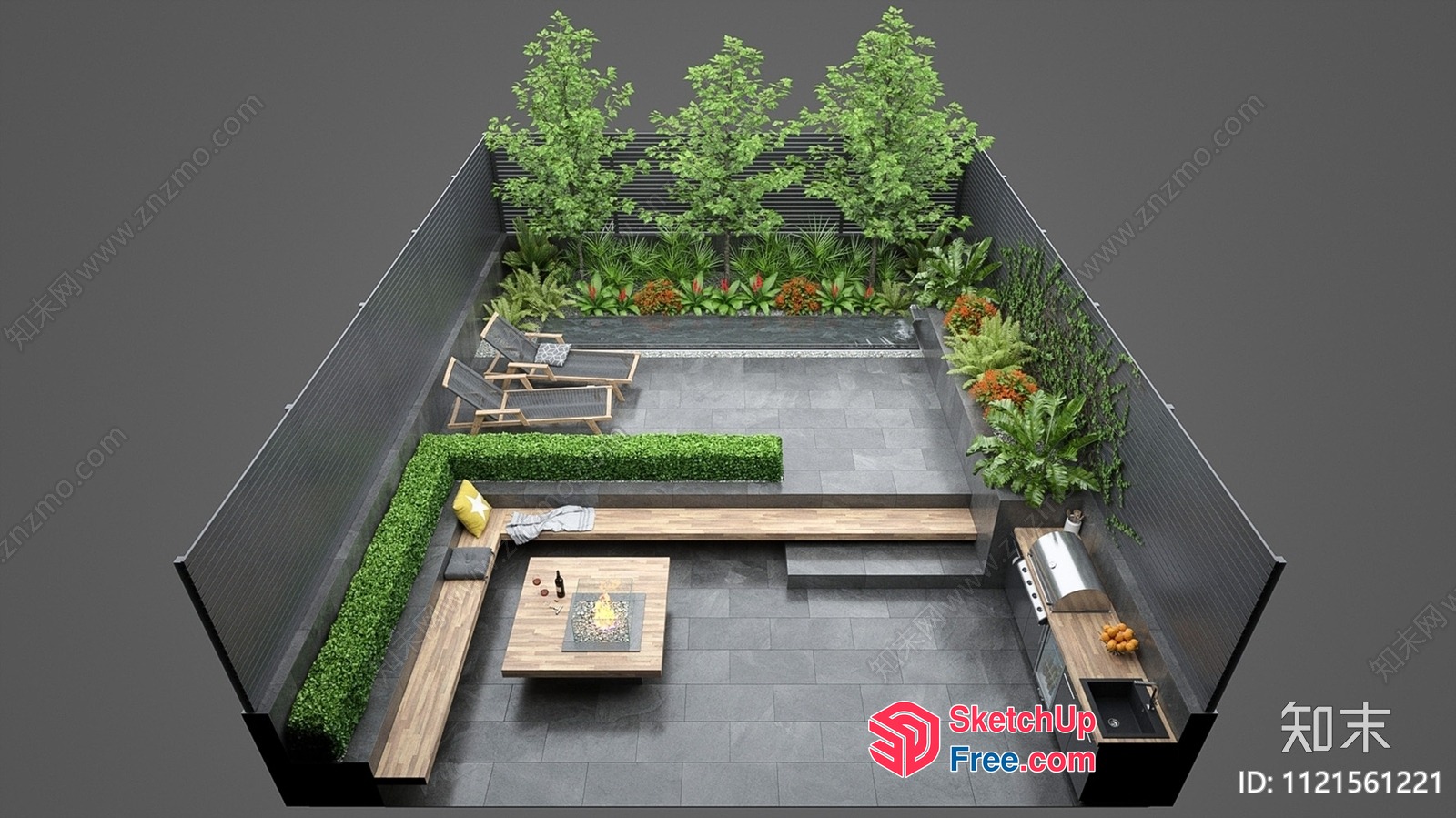 Modern Outdoor Patio With Fire Pit And Seating 3D SketchUp File