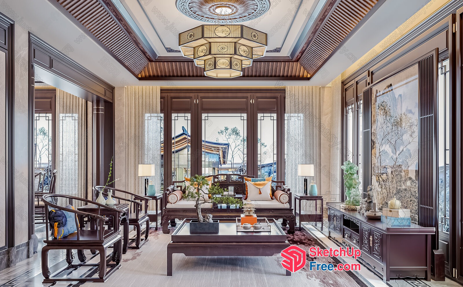 Traditional Asian-Inspired Living Room With Ornate Ceiling 3D SketchUp File