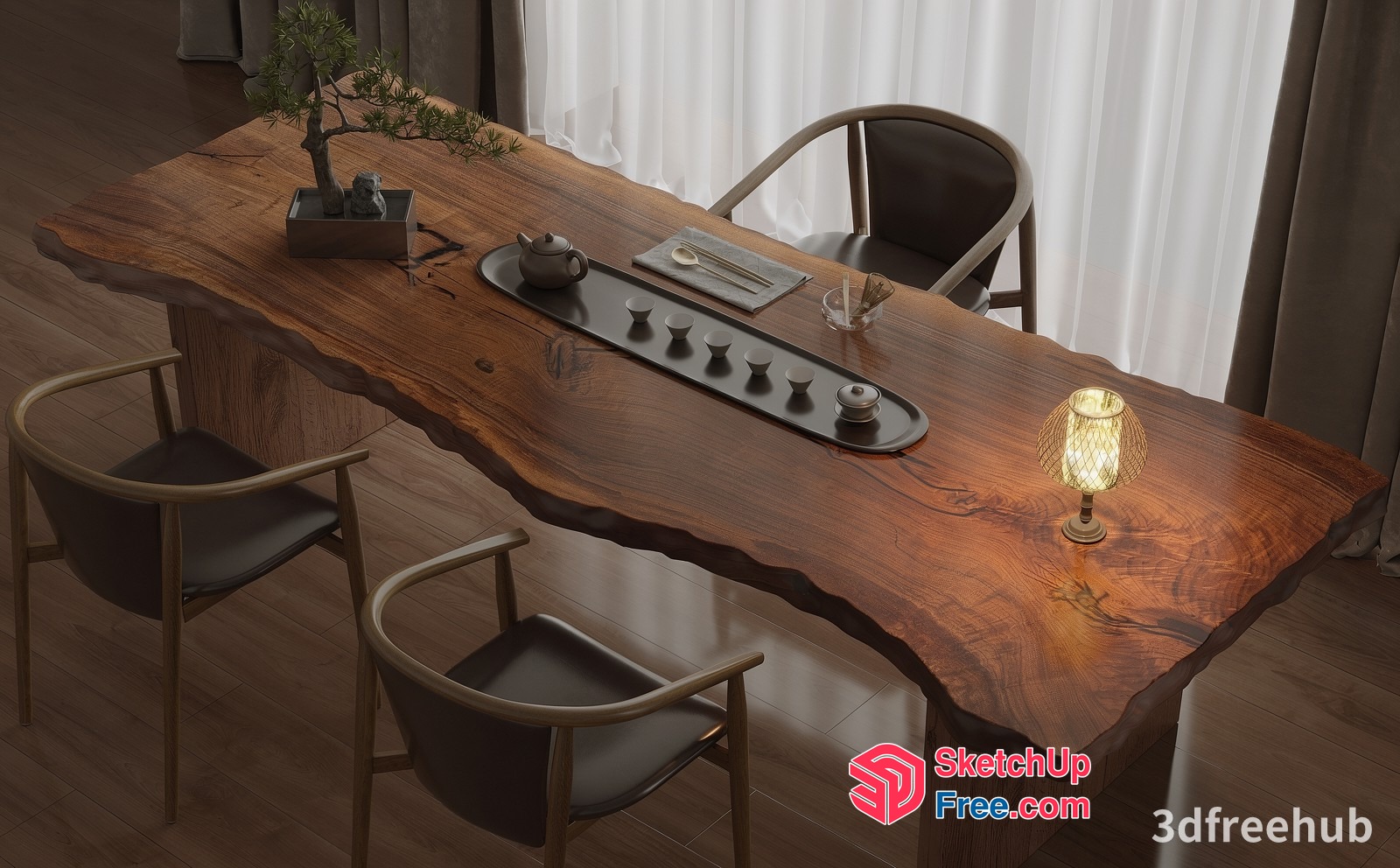 Elegant Wood Table With Tea Set And Chairs 3D SketchUp File