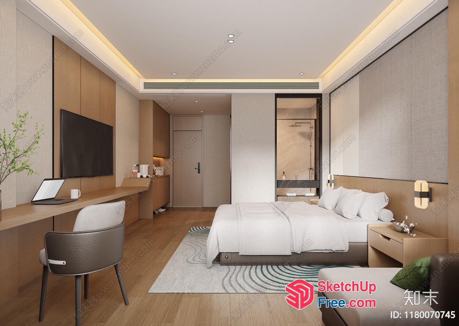 Modern Minimalist Bedroom With Desk And Tv 3D SketchUp File