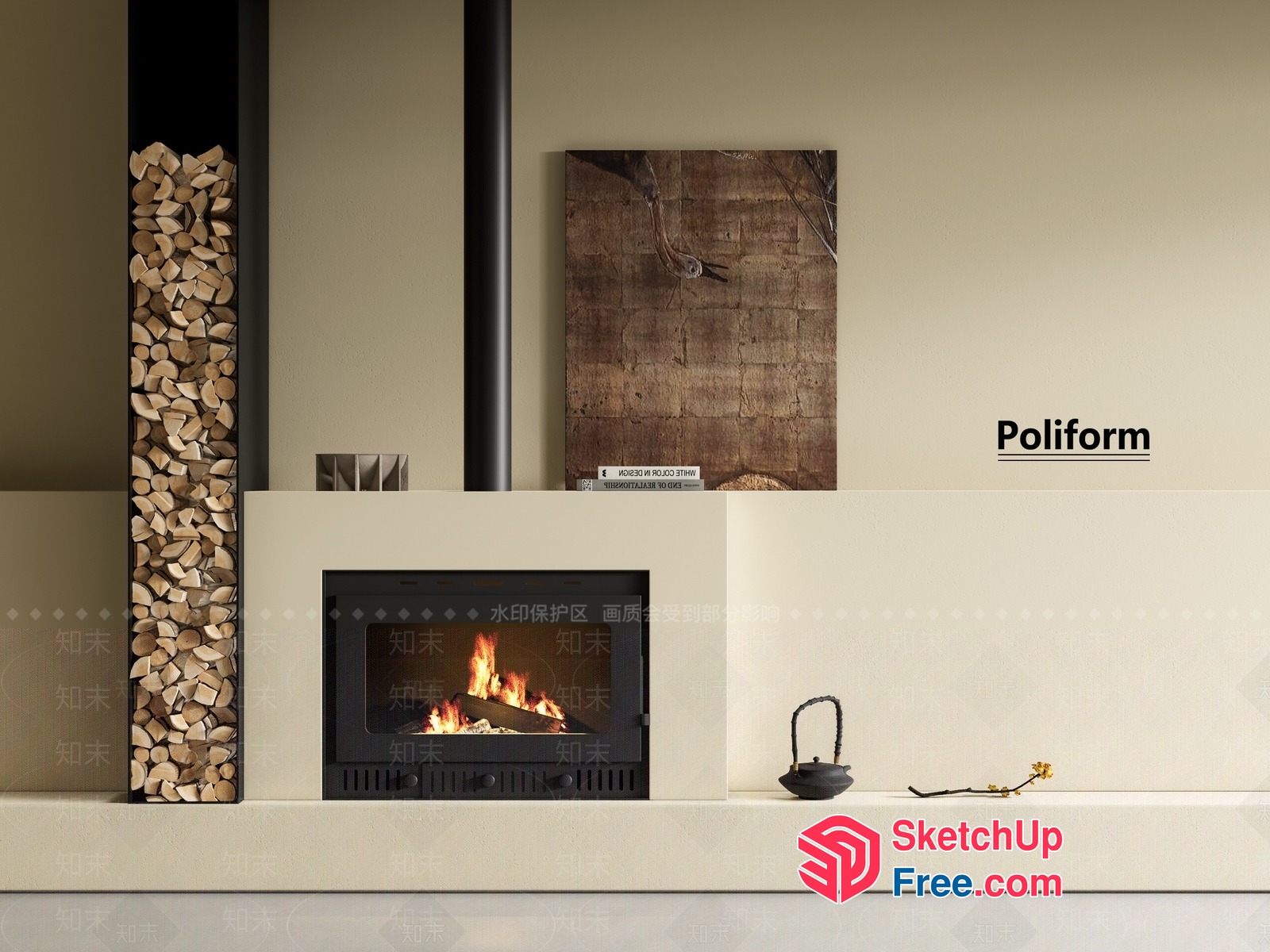 Modern Fireplace And Woodpile Arrangement 3D SketchUp File