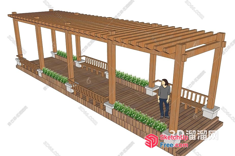 Wooden Pergola And Deck With Benches And Potted Plants 3D SketchUp File