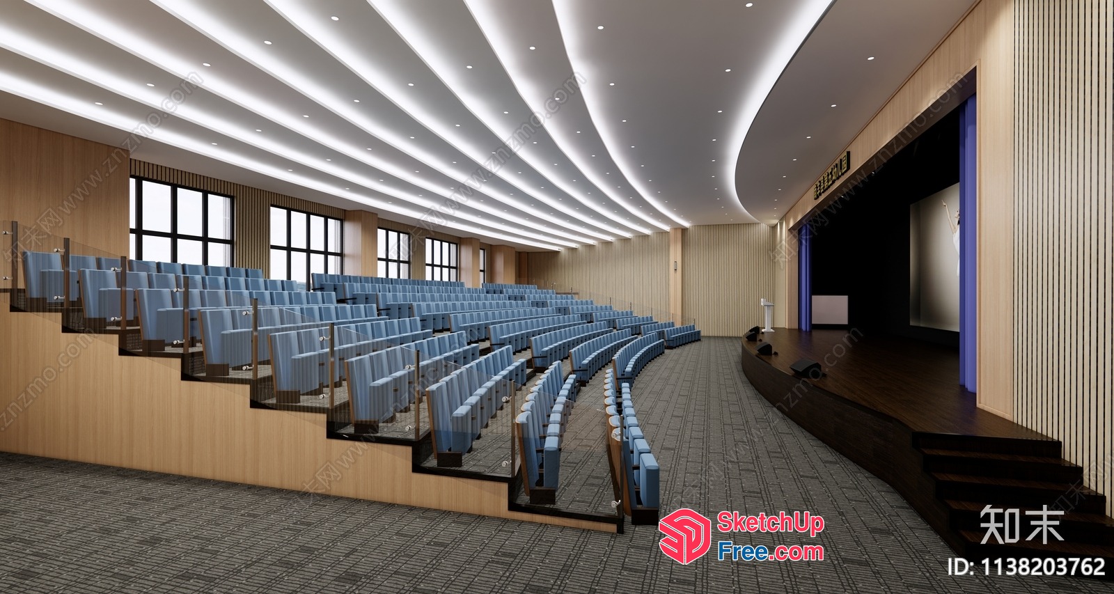 Modern Auditorium With Curved Ceiling And Staircase 3D SketchUp File
