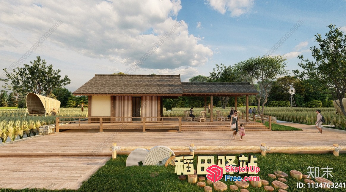 Traditional Japanese-Inspired Home Exterior With Wooden Deck 3D SketchUp File