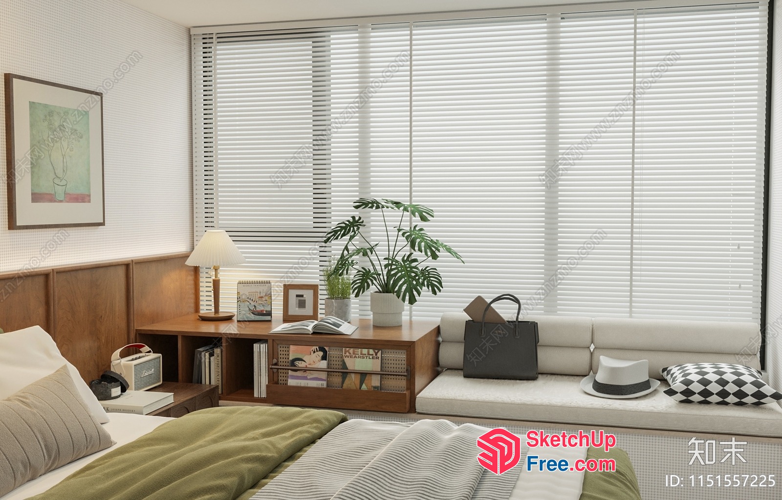 Comfortable Bedroom With Bedside Table And Large Window 3D SketchUp File