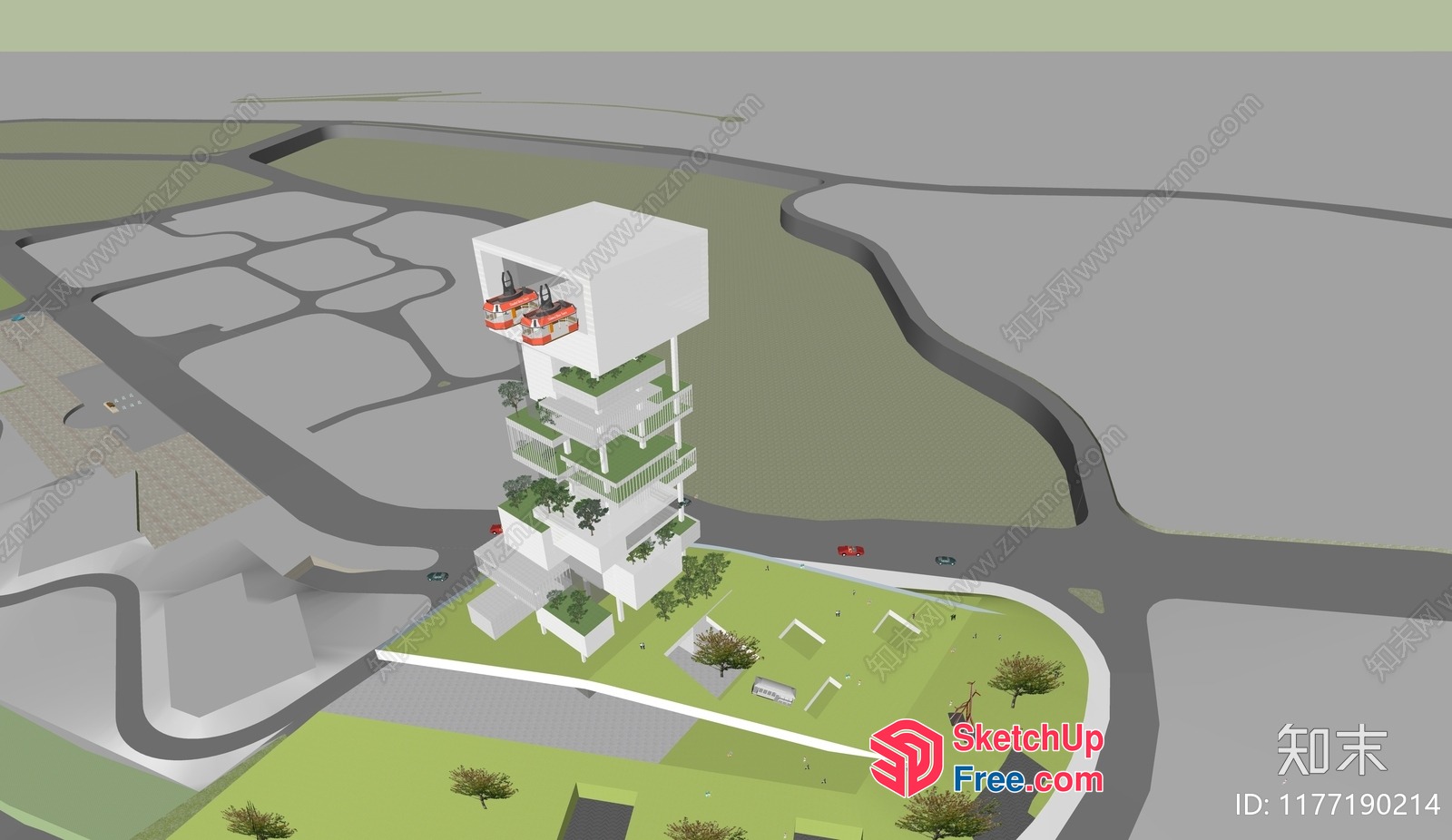 Modern White Building With Green Rooftop And Stairway 3D SketchUp File