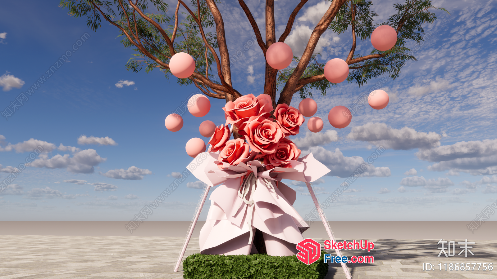 Elegant Pink Rose Tree Decor 3D SketchUp File