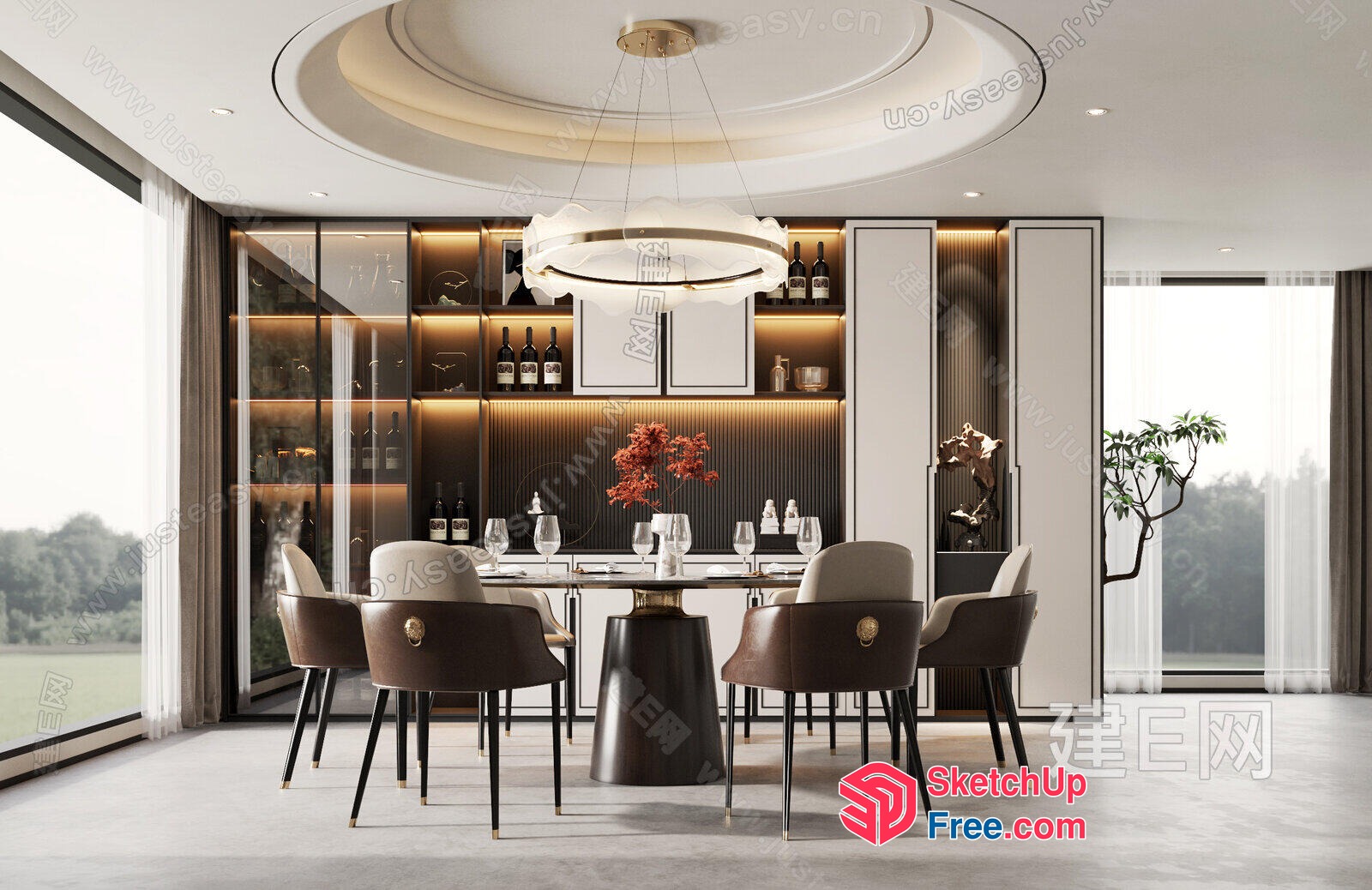 Elegant Dining Room With Modern Lighting And Wine Storage 3D SketchUp File