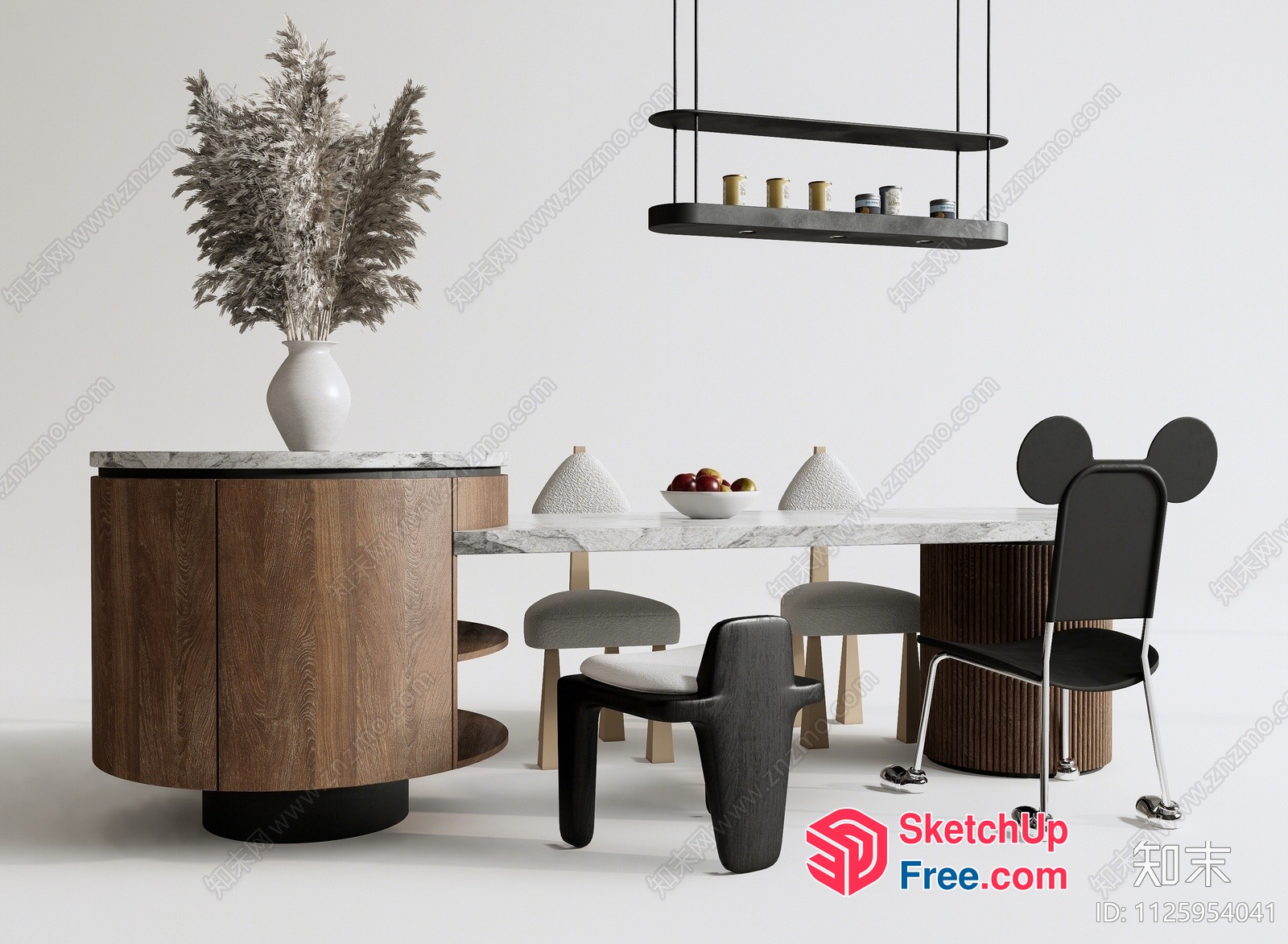 Modern Dining Room With Marble Table And Wooden Furniture 3D SketchUp File
