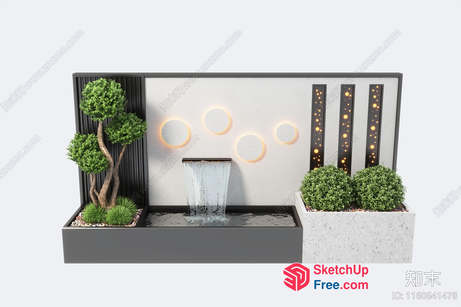 Modern Water Feature With Ornate Trees And Decorative Lights 3D SketchUp File