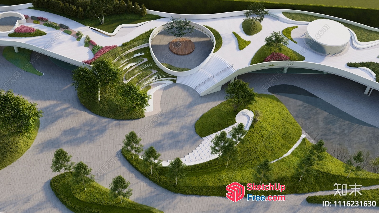 Curved White Bridge Over Lush Greenery 3D SketchUp File