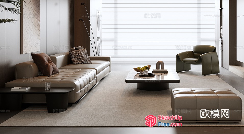 Modern Minimalist Living Room With Brown Leather Sofa 3D SketchUp File