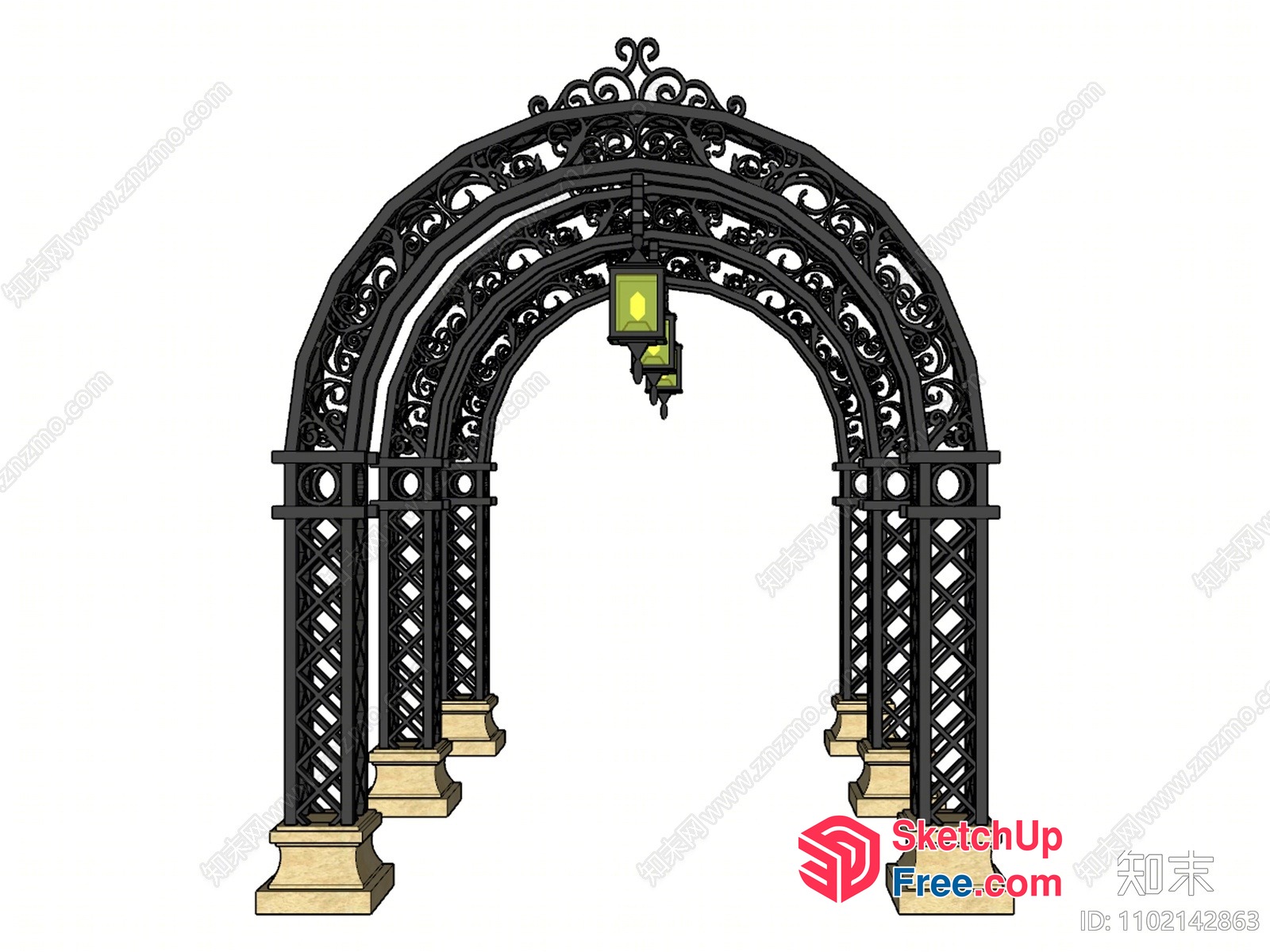 Ornate Black Iron Arch With Hanging Lantern 3D SketchUp File