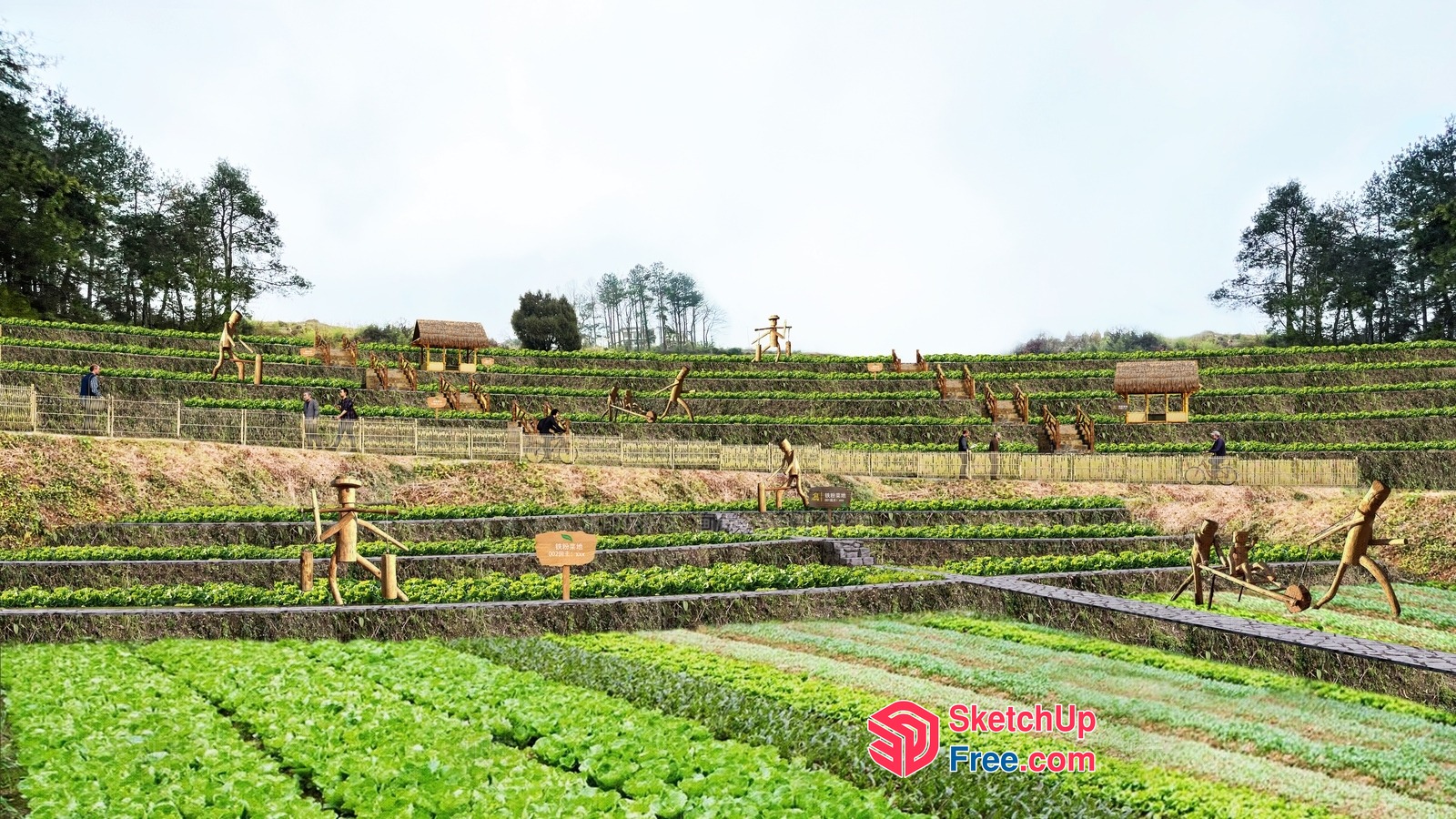 Green And Brown Terraced Farm With Wooden Figures 3D SketchUp File