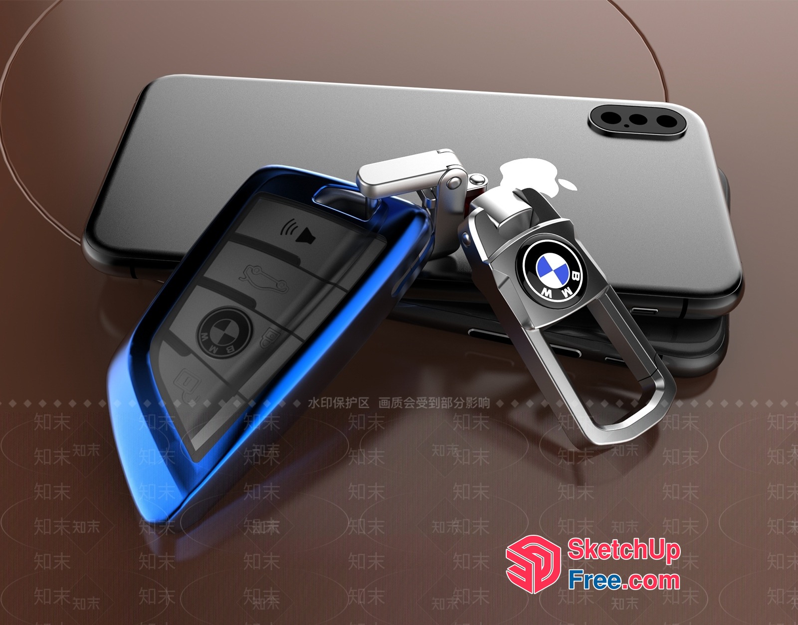 Bmw Key Fob With Keychain And Smartphone 3D SketchUp File