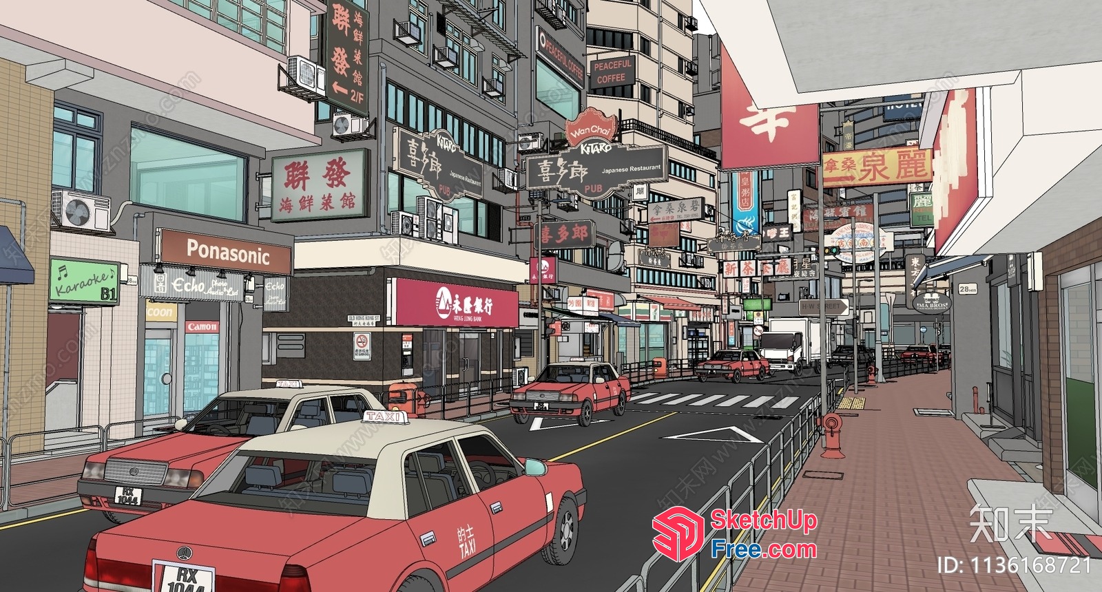 Commercial Street With Red Taxis And Traditional Chinese Signs 3D SketchUp File