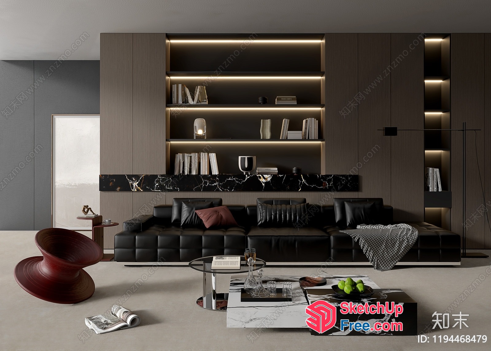 Modern Living Room With Black Leather Sofa And Bookshelf 3D SketchUp File