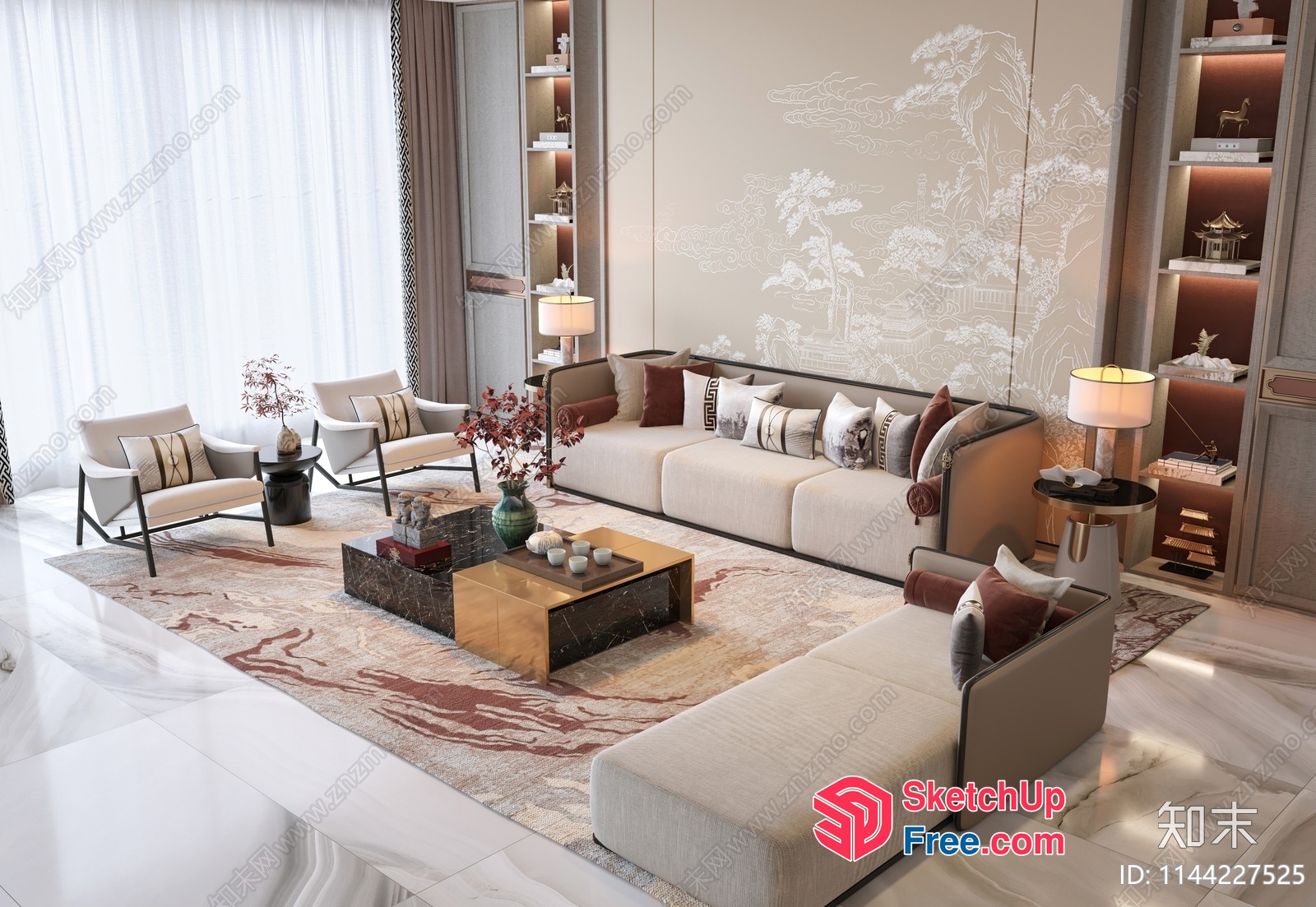 Elegant Living Room With Creamy Style Sofa And Modern Decor 3D SketchUp File