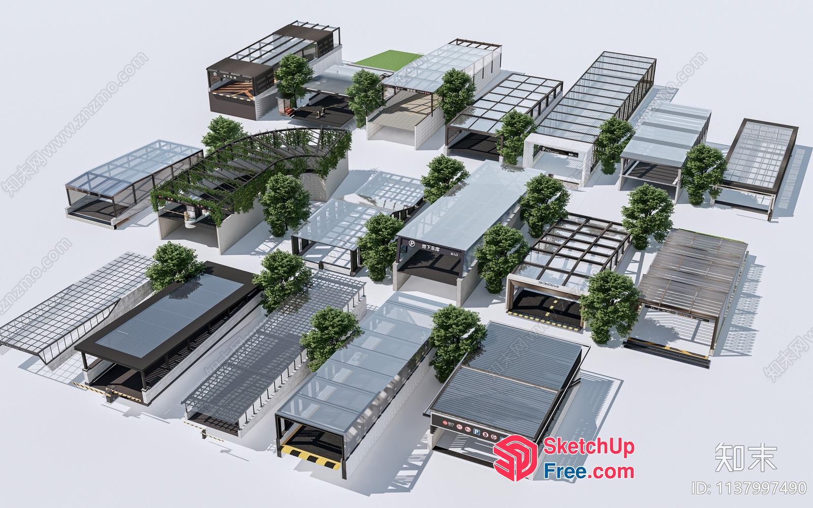 Modern Commercial Street With Glass Curtain Wall And Greenery 3D SketchUp File