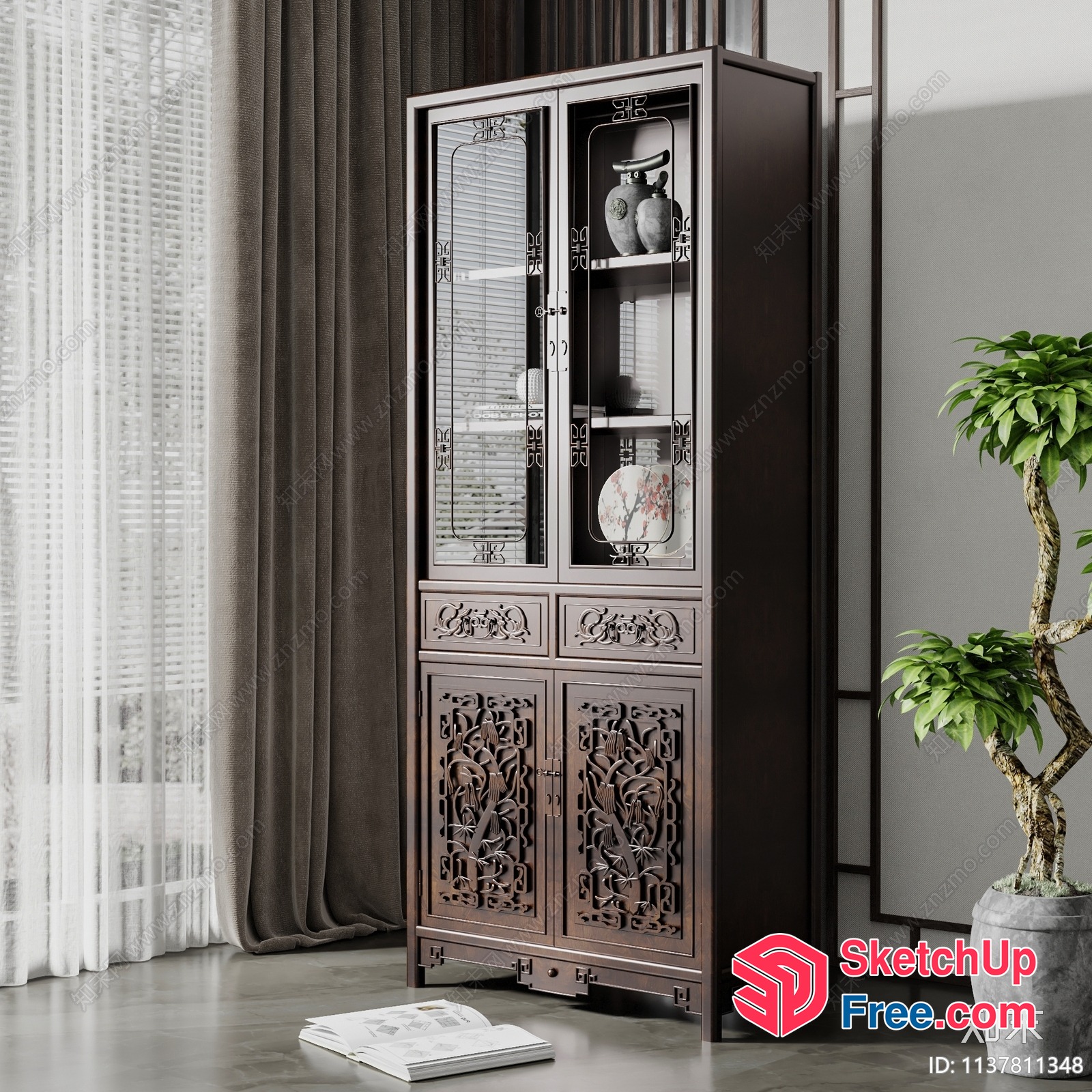 Classic Chinese-Inspired Wooden Cabinet With Ornate Carvings 3D SketchUp File