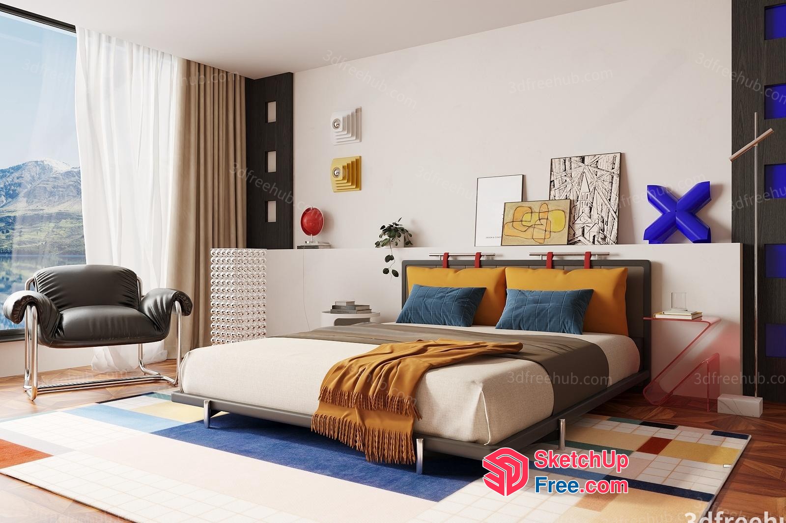 Modern Minimalist Bedroom With Yellow And Blue Accents 3D SketchUp File
