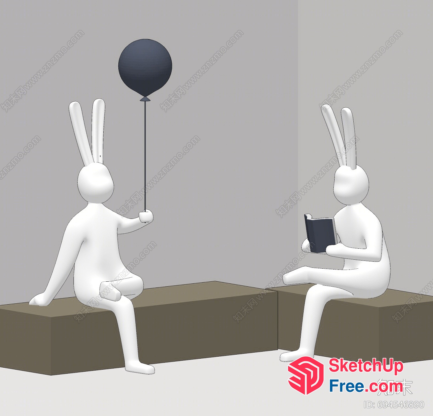 Two White Rabbits Sitting On Blocks With Balloon 3D SketchUp File