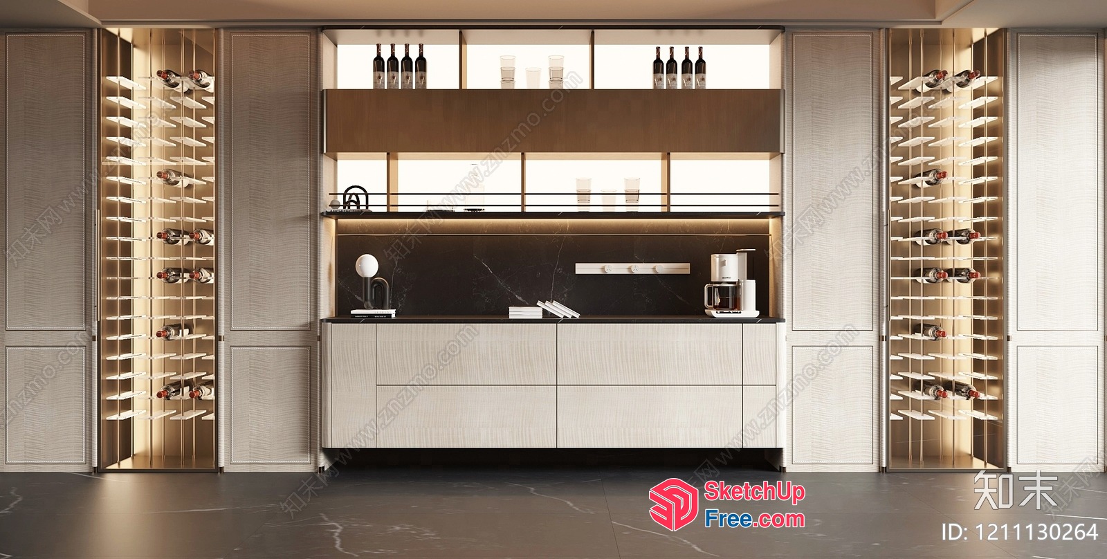 Modern Kitchen Interior With Wine Storage And Counter 3D SketchUp File