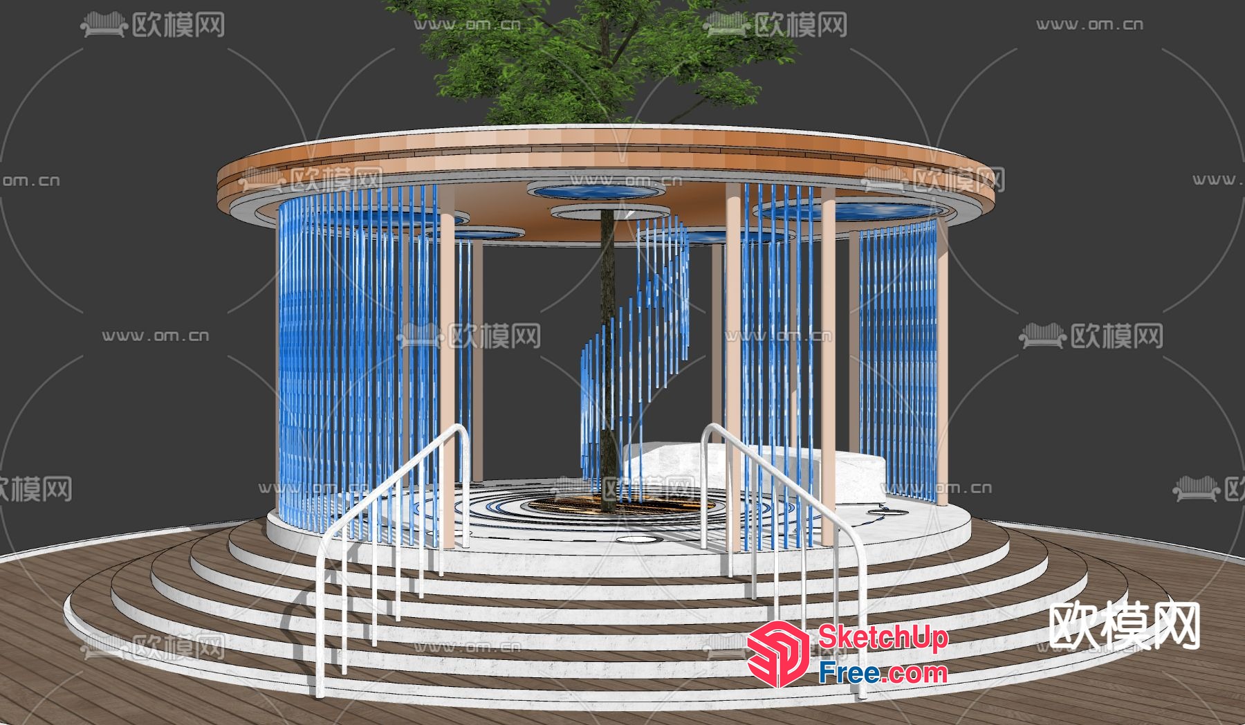 Outdoor Waterfall Feature With Tree And Staircase 3D SketchUp File