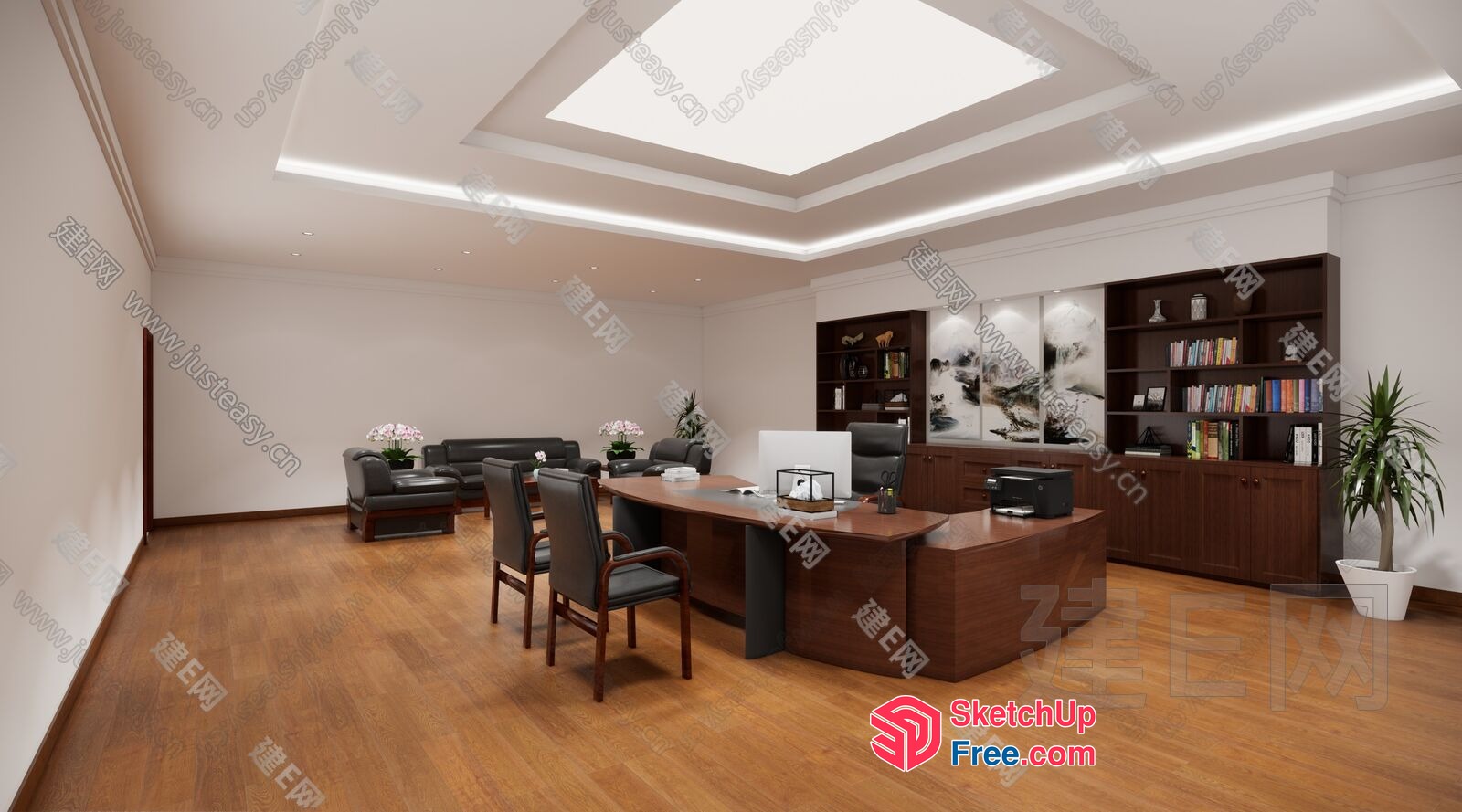 Modern Office Interior With Wood Flooring And White Walls 3D SketchUp File