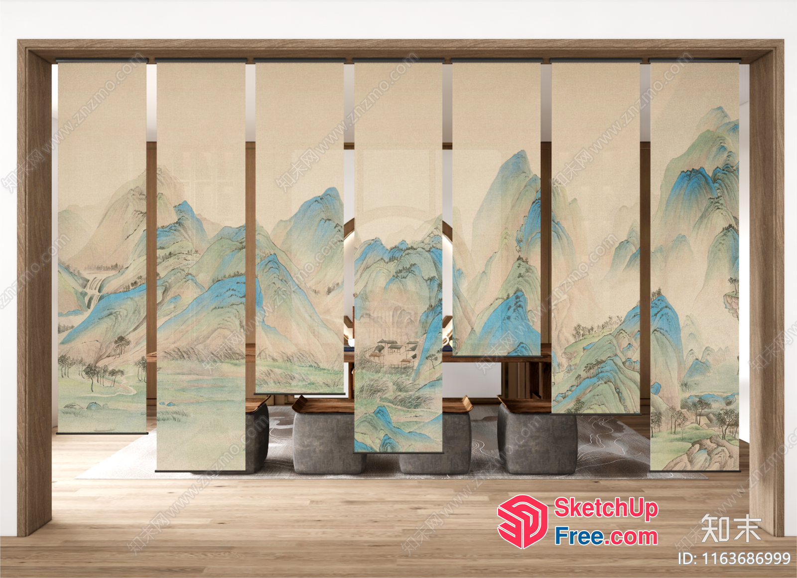 Elegant Asian-Style Room Divider With Mountain Landscape 3D SketchUp File