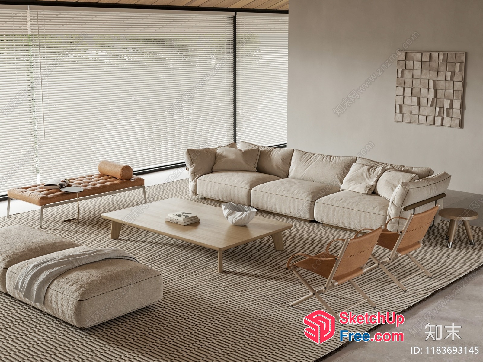 Modern Minimalist Living Room With Creamy Style Furniture 3D SketchUp File