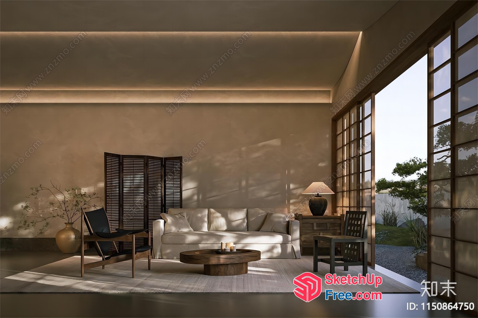 Modern Japanese-Inspired Living Room With Natural Light 3D SketchUp File