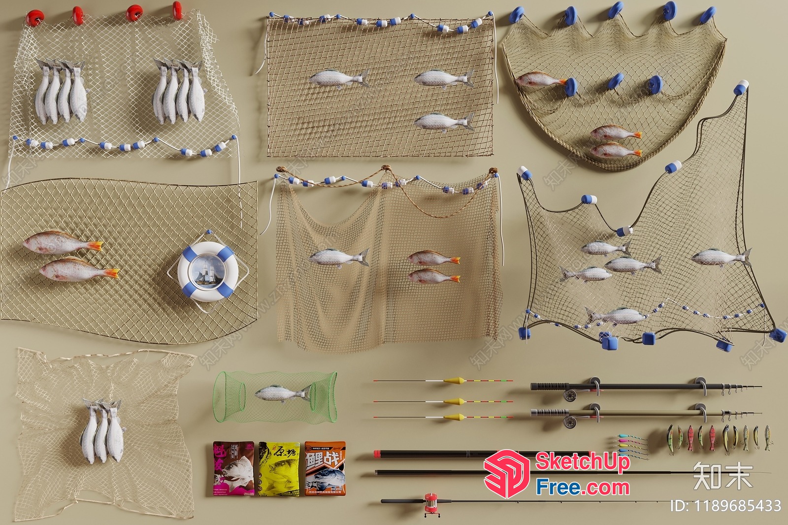 Fishing Net And Fish Equipment 3D SketchUp File