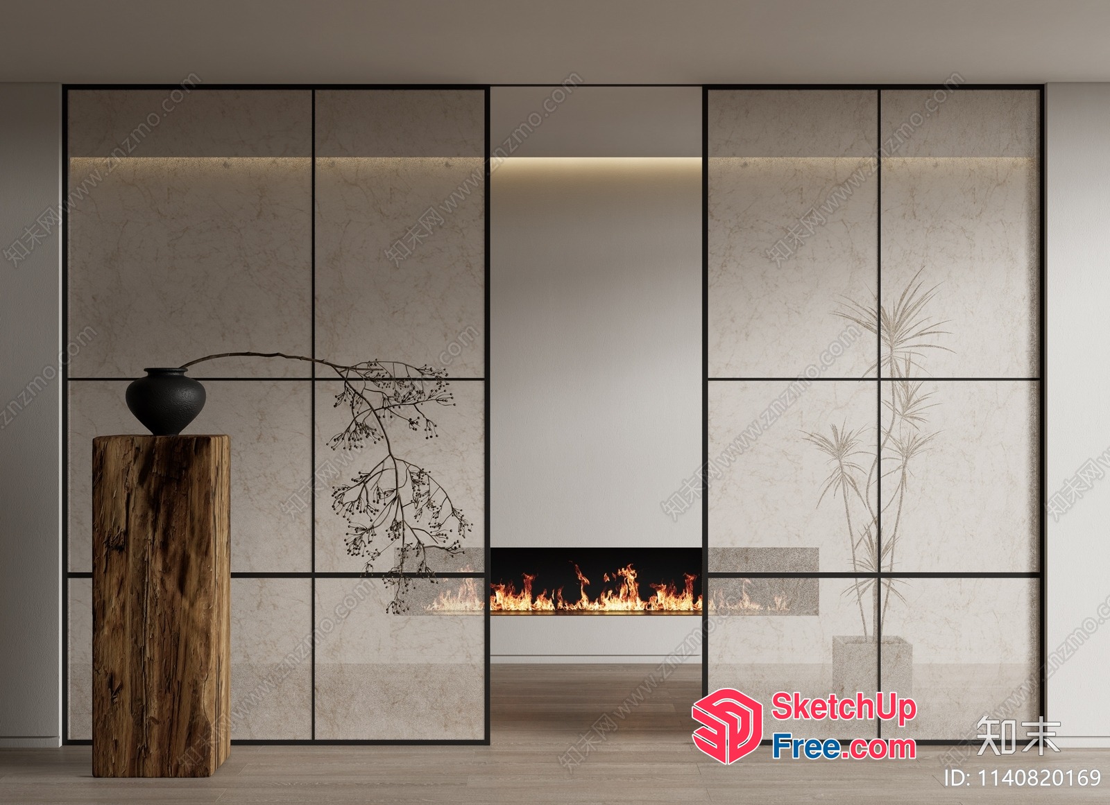 Minimalist Japanese-Style Living Room With Fireplace 3D SketchUp File