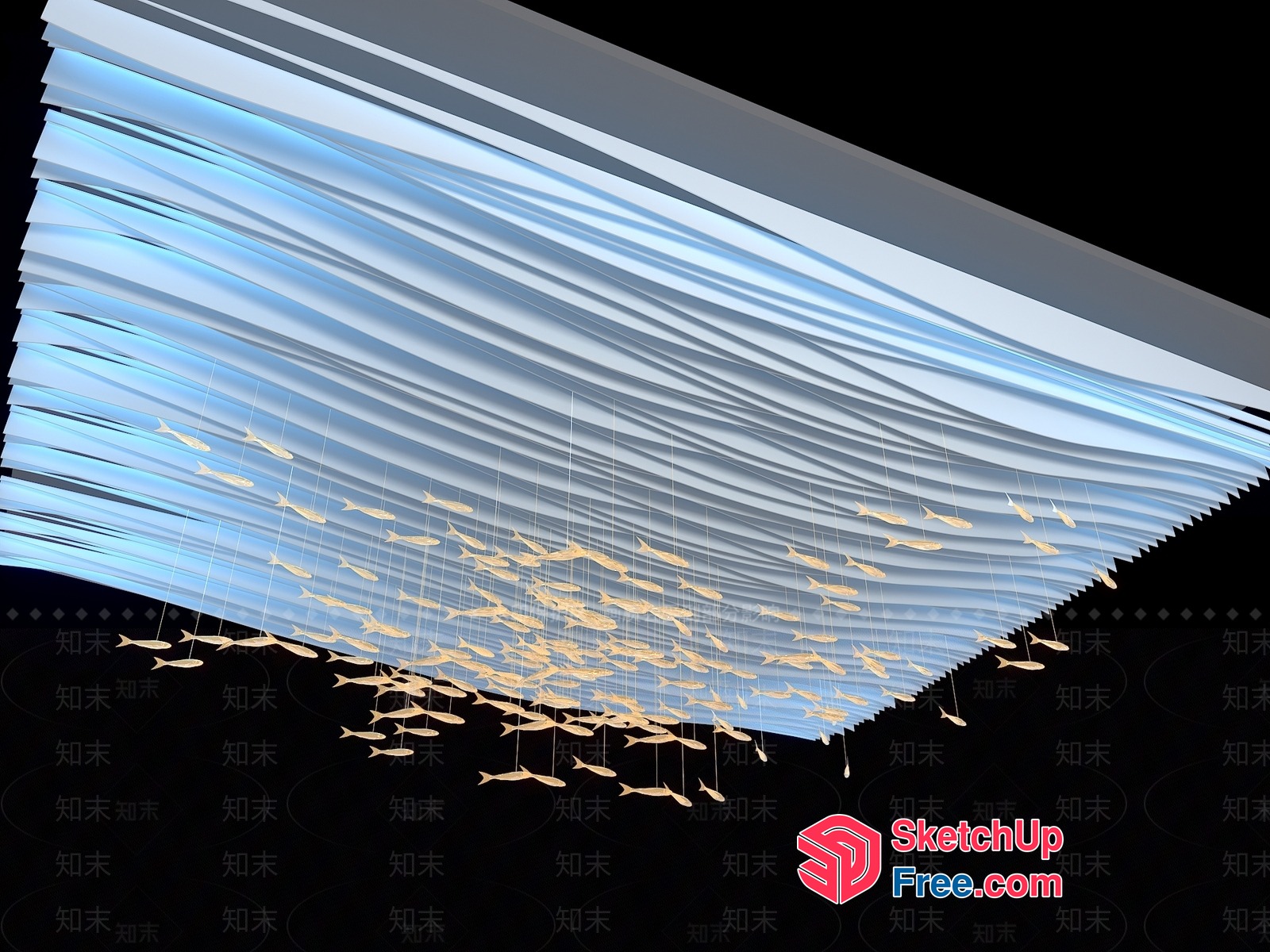 Aesthetic Ceiling Design With Hanging Fish Decorations 3D SketchUp File