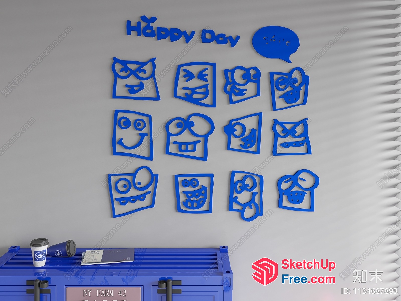 Decorative Wall Art With Happy Day Message And Cartoon Faces 3D SketchUp File