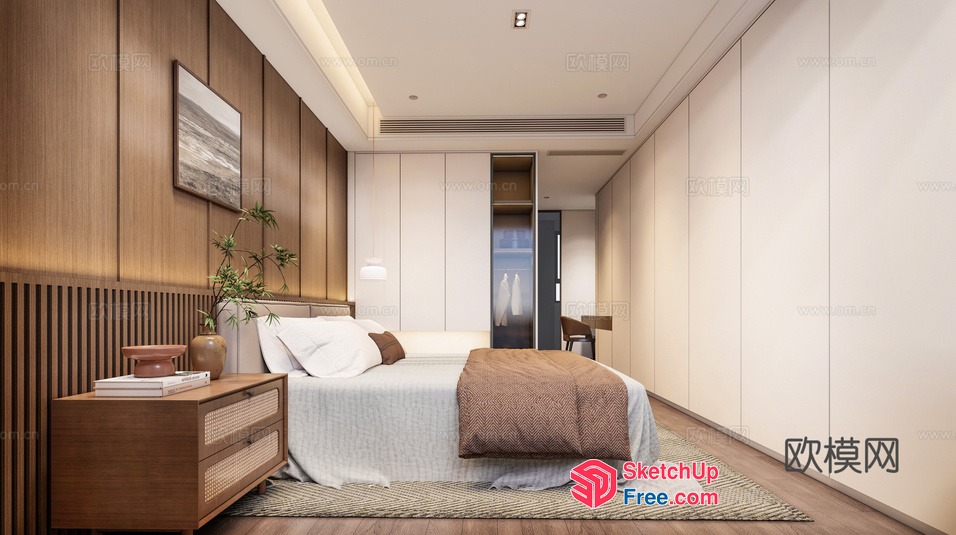 Modern Japanese-Style Bedroom With Sleek Wood Accents 3D SketchUp File