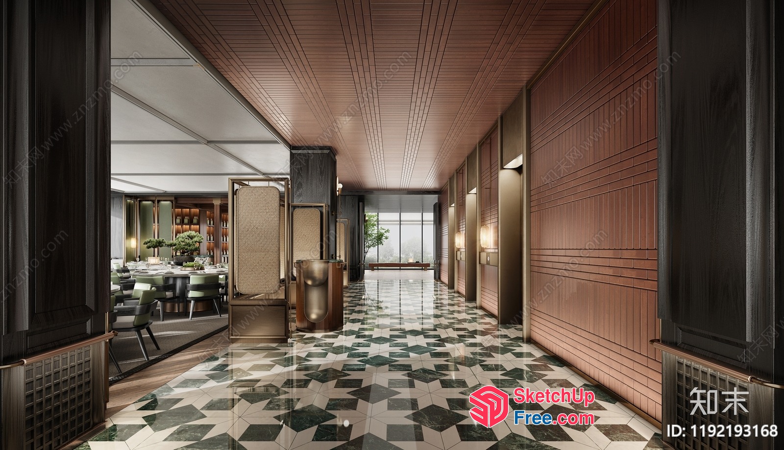 Modern Interior With Geometric Patterned Floor And Wooden Ceiling 3D SketchUp File