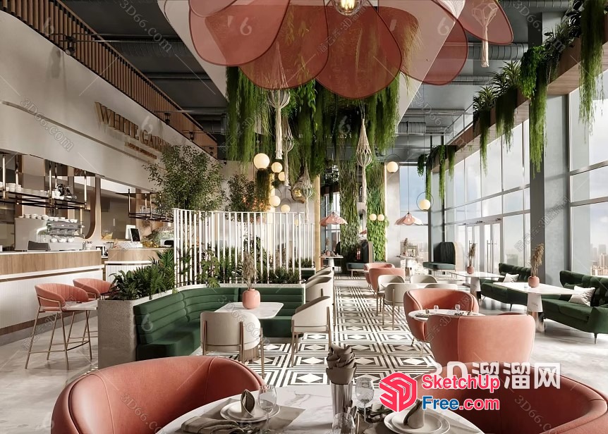 Modern Restaurant With Elegant Green And Pink Decor 3D SketchUp File