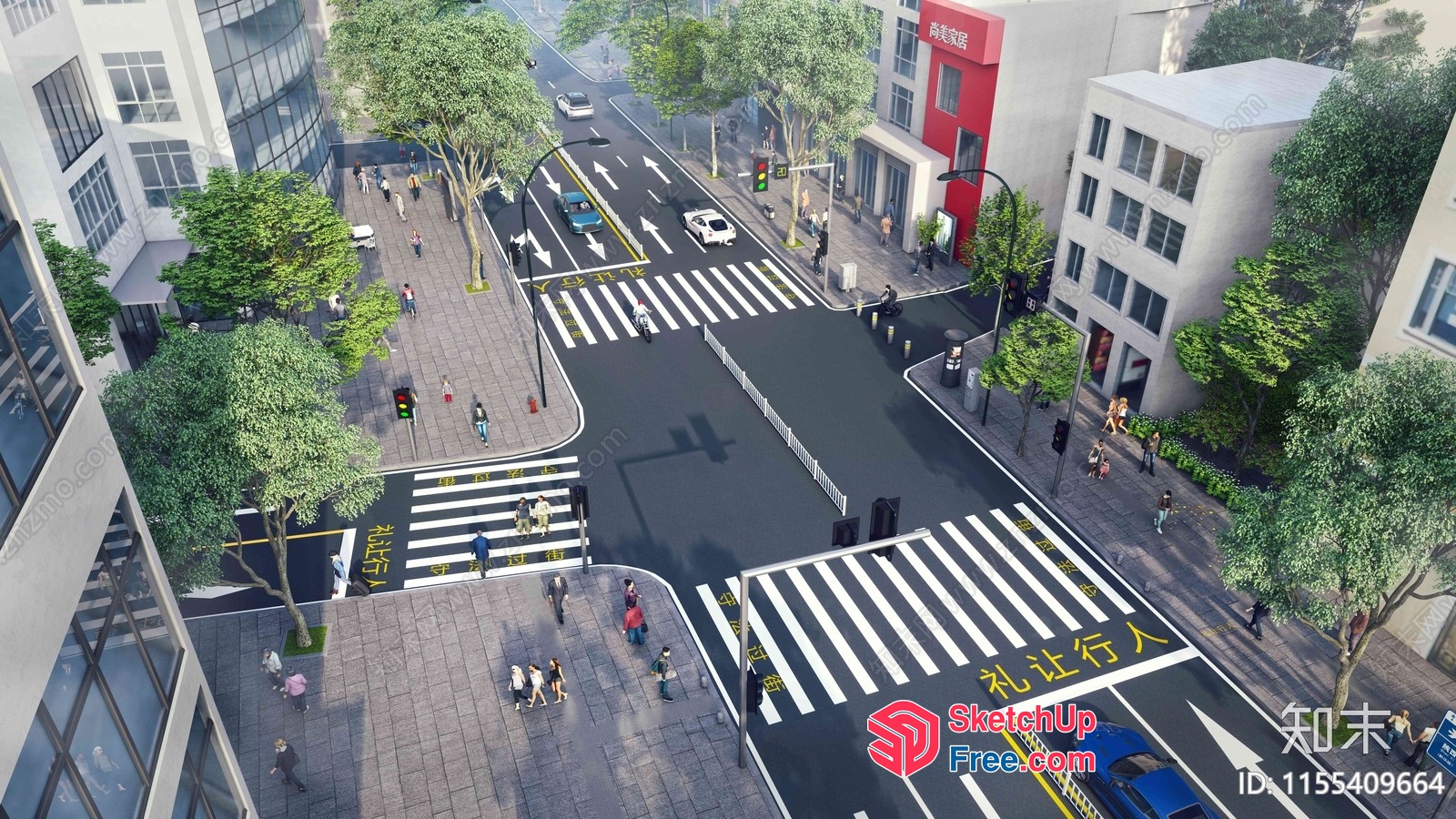 Aerial View Of A Commercial Street With Pedestrians And Vehicles 3D SketchUp File