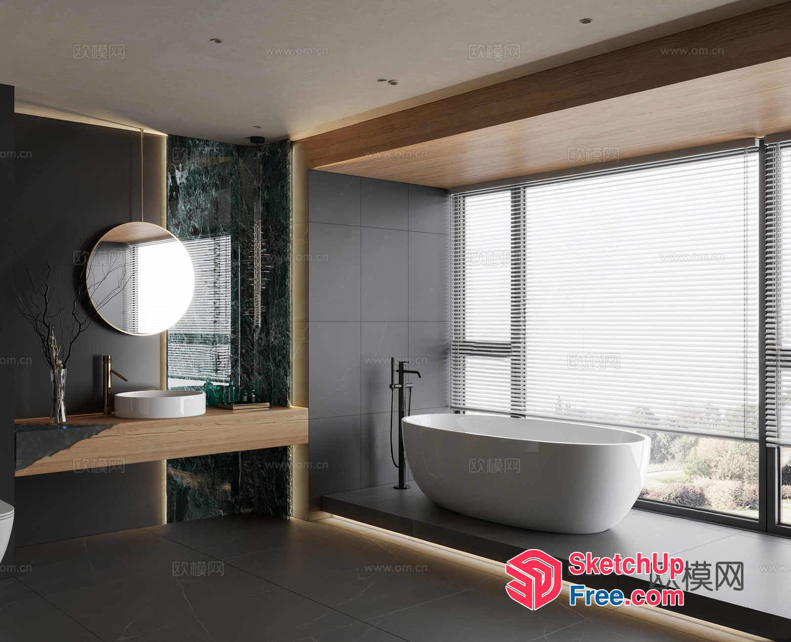 Modern Bathroom With White Bathtub And Wooden Counter 3D SketchUp File