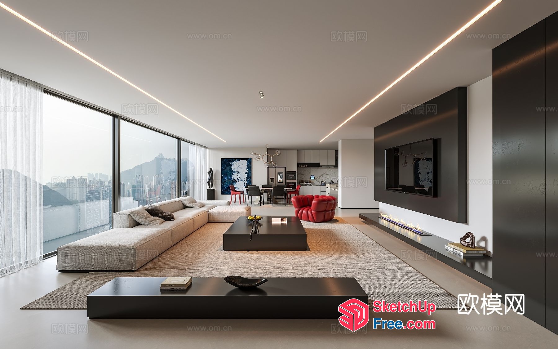 Modern Living Room With City View 3D SketchUp File