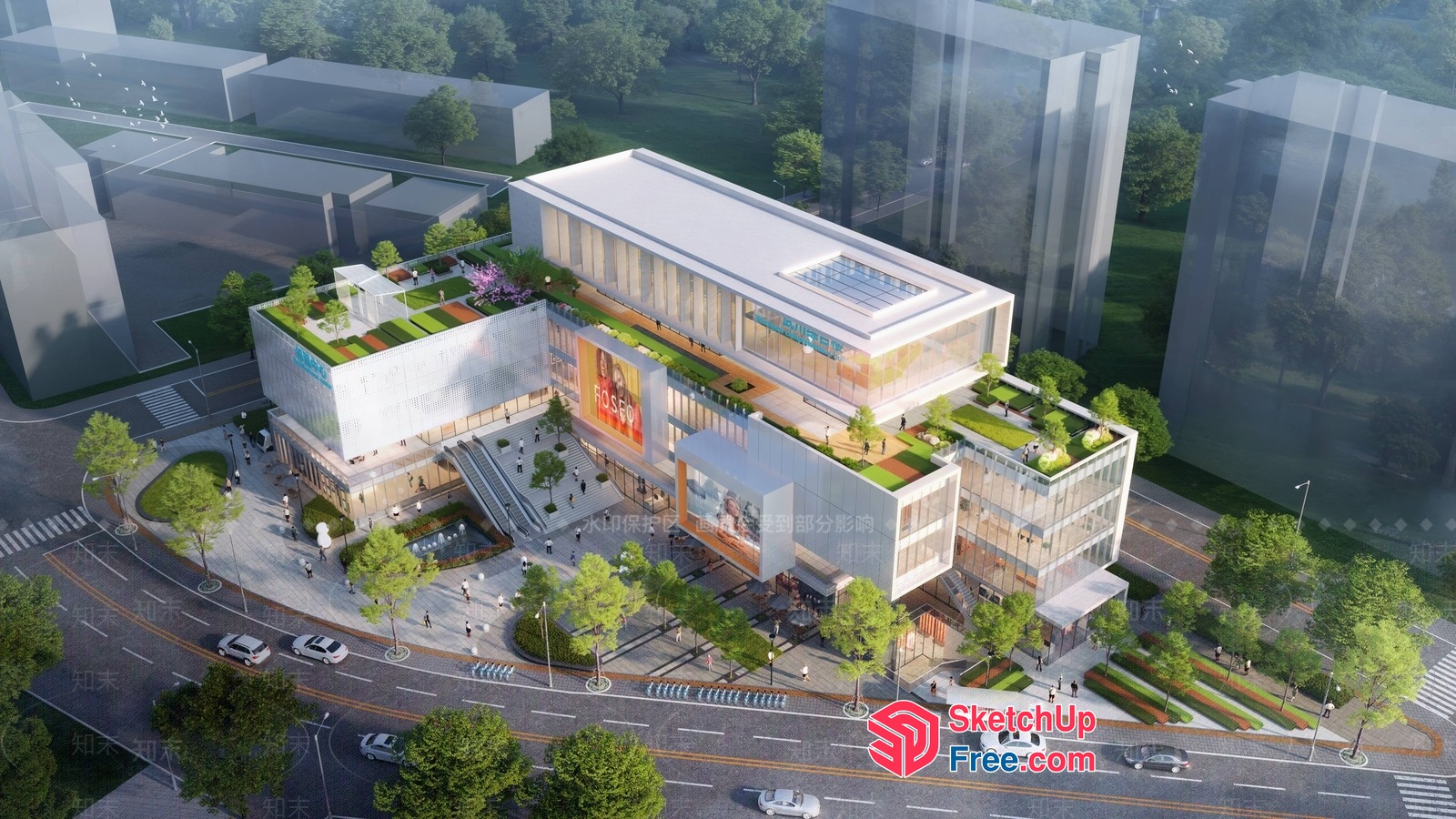 Modern Commercial Building With Glass Curtain Wall And Green Roof 3D SketchUp File