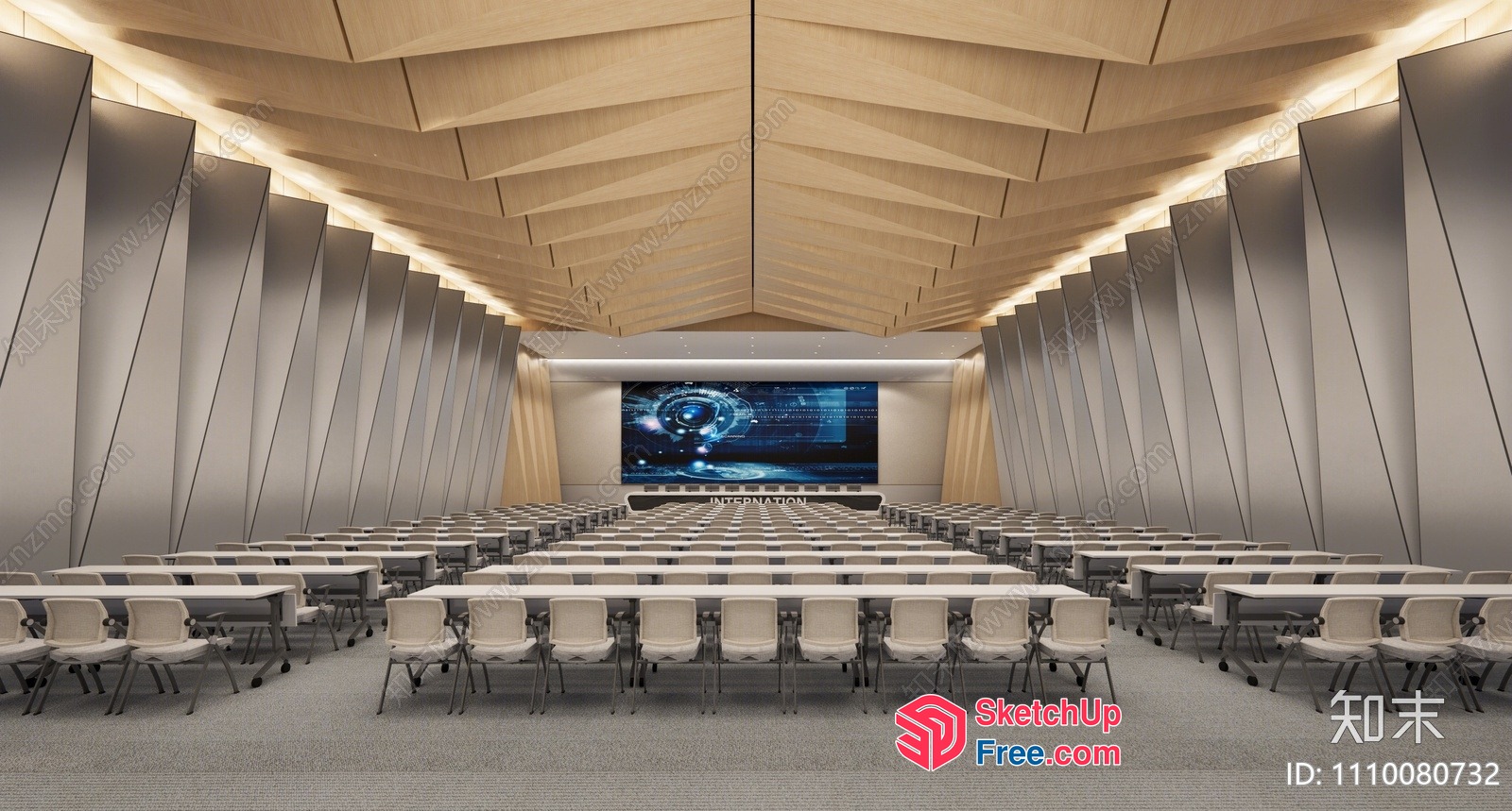 Modern Conference Room With Large Screen And Rows Of Tables And Chairs 3D SketchUp File
