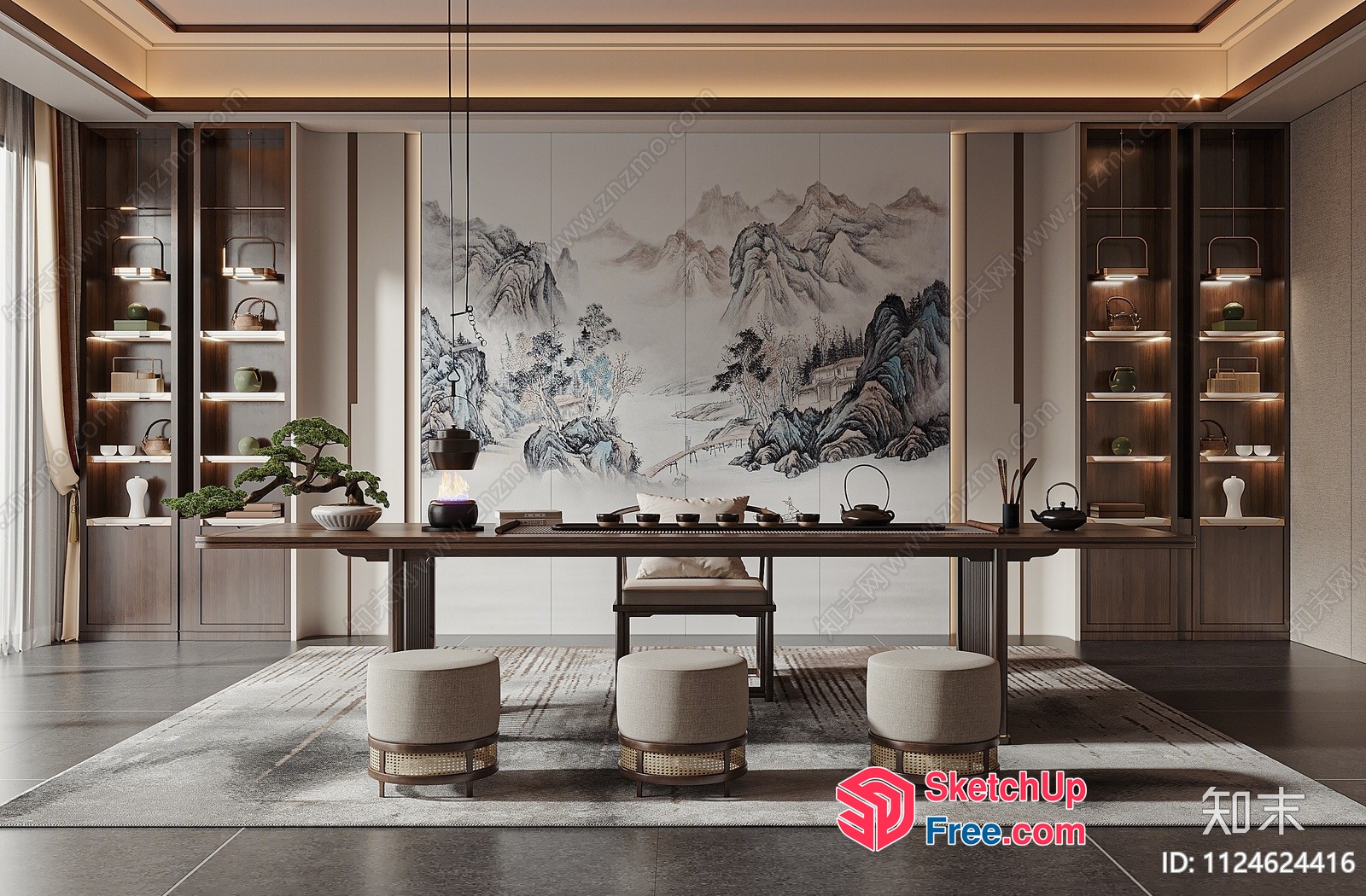 Elegant Modern Chinese Dining Room With Tea Table And Shelves 3D SketchUp File