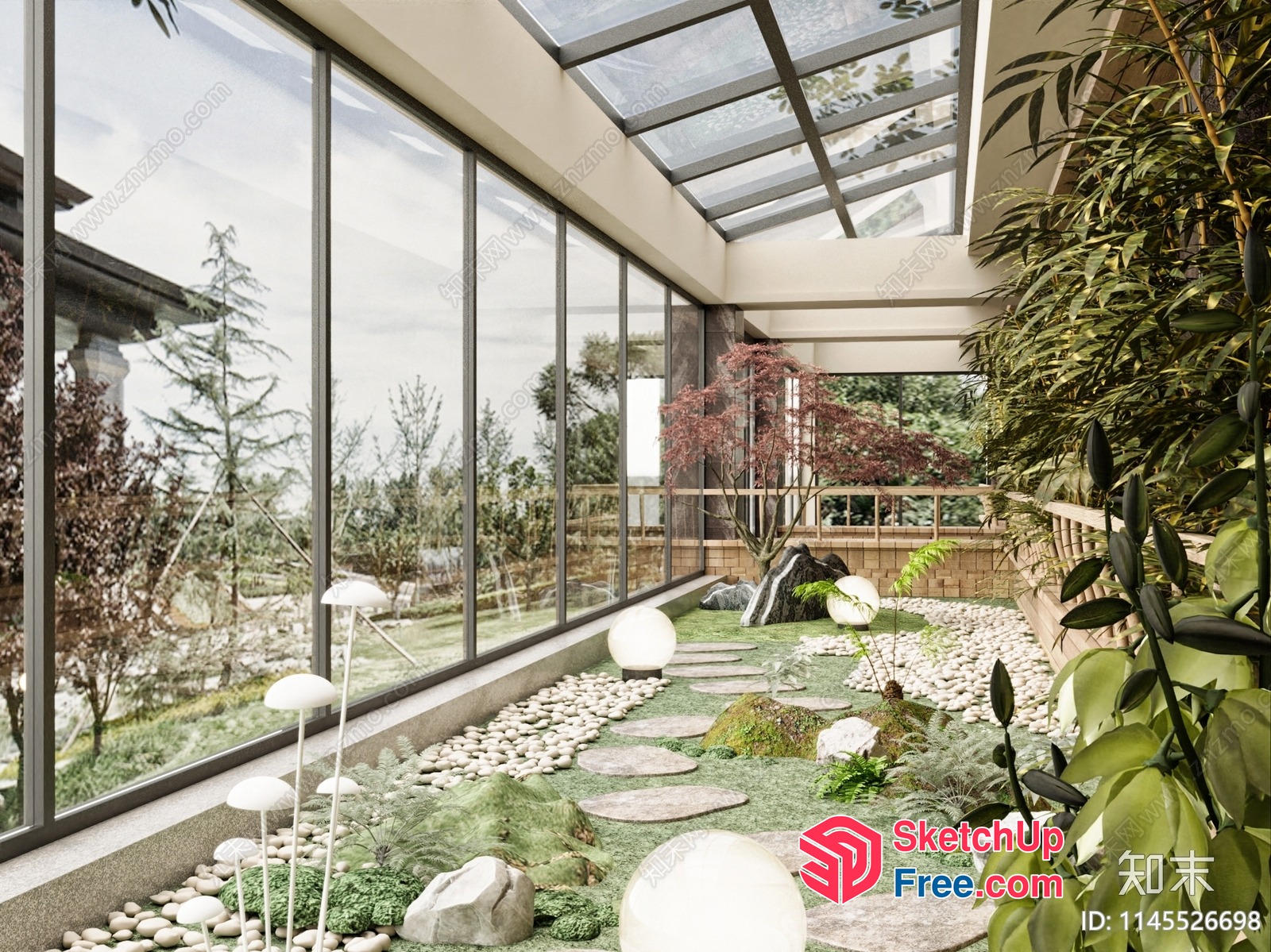 Serene Japanese-Inspired Glass Curtain Wall Garden 3D SketchUp File