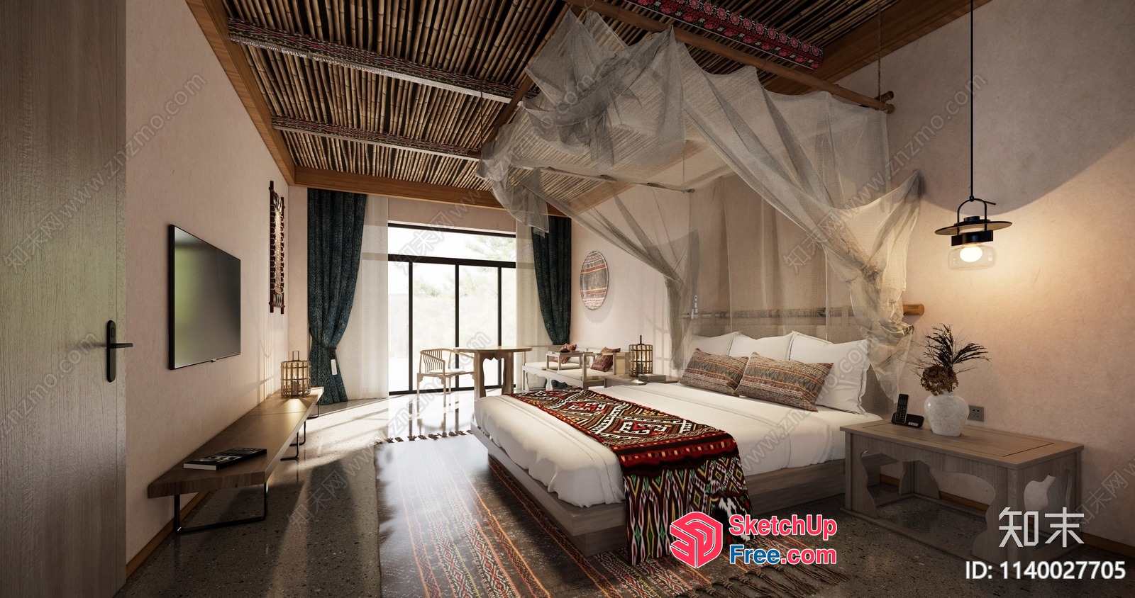 Luxurious Bedroom With Canopy Bed And Natural Wood Accents 3D SketchUp File